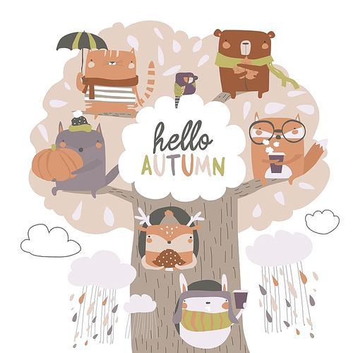 Cute animals sit on autumn tree on white background. Vector illustration