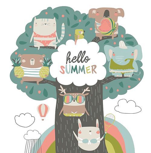 Cute animals sit on summer tree on white background. Vector illustration