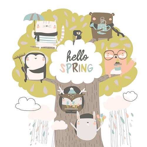 Cute animals sit on spring tree on white background. Vector illustration