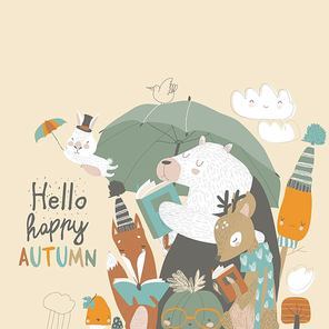 Funny animals read books under umbrella. Autumn time. Vector image