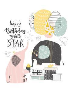 Vector Greeting Birthday card with cute elephants and balloons