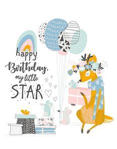 Vector Greeting Birthday card with cute deer and mouses