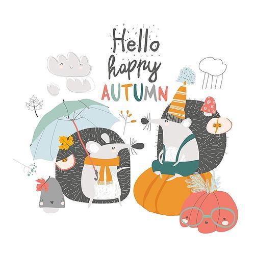 Cute autumn Hedgehogs with umbrella and pumpkins. Vector illustration