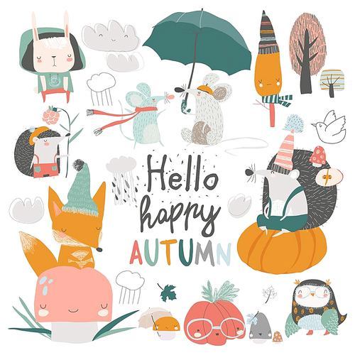 Fall set with cute forest animals in cartoon style. Vector illustration