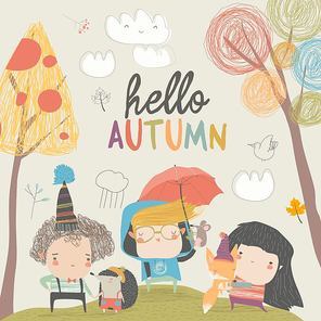 Cute children meeting autumn with little animals. Hello Autumn. Vector illustration