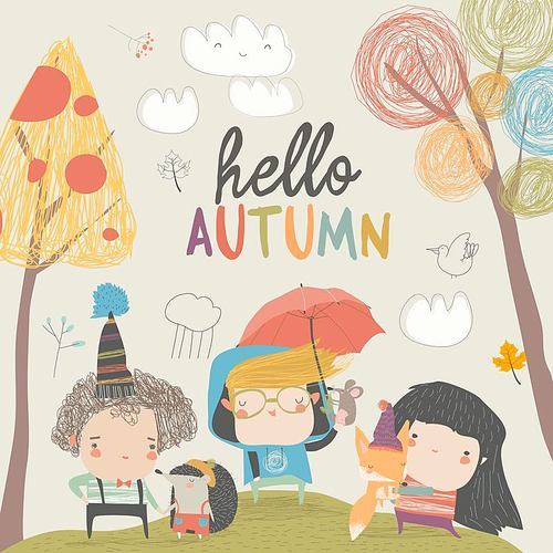 Cute children meeting autumn with little animals. Hello Autumn. Vector illustration