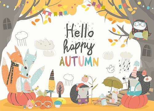 Funny animals meeting autumn in the forest. Vector image