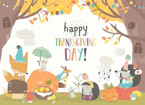 Cute animals celebrating Thanksgiving day. Vector illustration