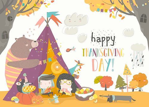 Cute kids celebrating Thanksgiving day with animals in a teepee tent. Vector illustration