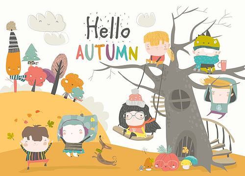 Happy children playing in autumn park. Hello autumn. Vector illustration