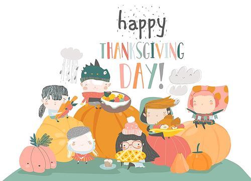 Cartoon children harvesting. Happy Thanksgiving Day. Vector illustration