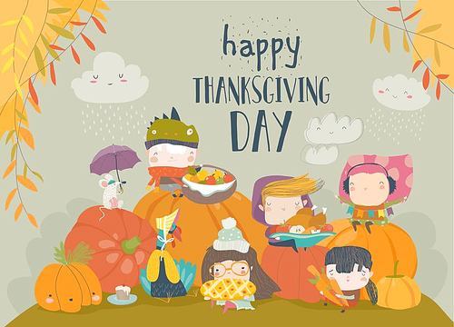 Cartoon children celebrating Thanksgiving Day with animals. Vector illustration