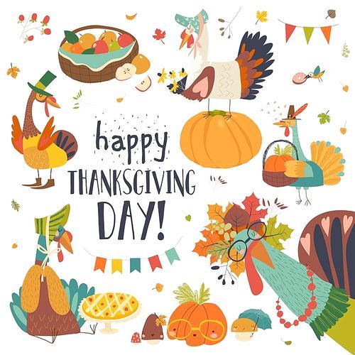 Funny turkeys with Thanksgiving theme on white background. Vector set