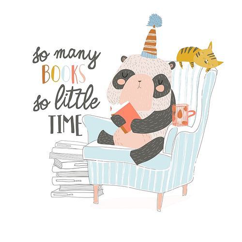 Cute panda sitting in armchair and reading book. Vector illustration