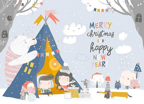 Kids celebrating Christmas with animals in a teepee tent. Vector Illustration