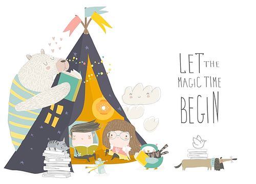 Kids reading book with animals in a teepee tent . Vector Illustration