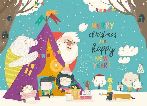 Kids celebrating Christmas with animals and Santa in a teepee tent. Vector Illustration