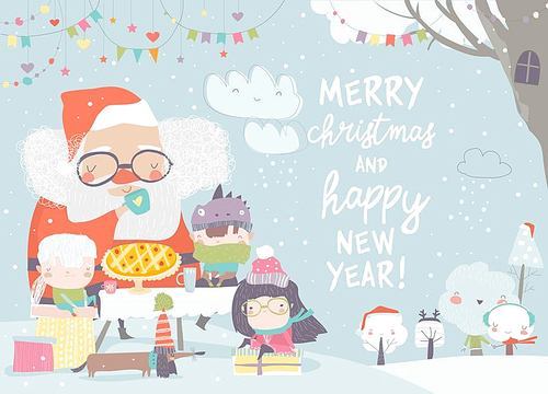 Santa Claus drinking tea with happy children. Vector illustration