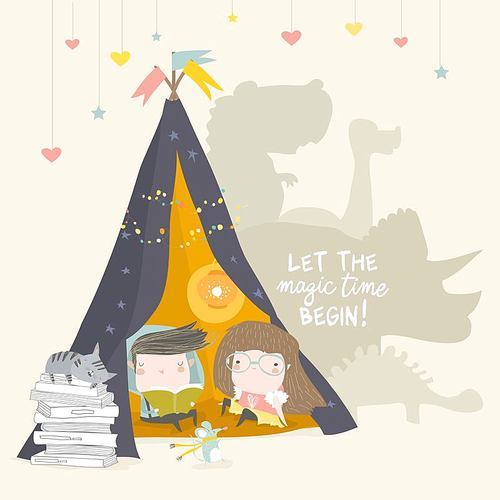 Kids reading book in a teepee tent . Vector Illustration