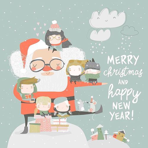 Santa Claus with happy children and gifts. Vector illustration