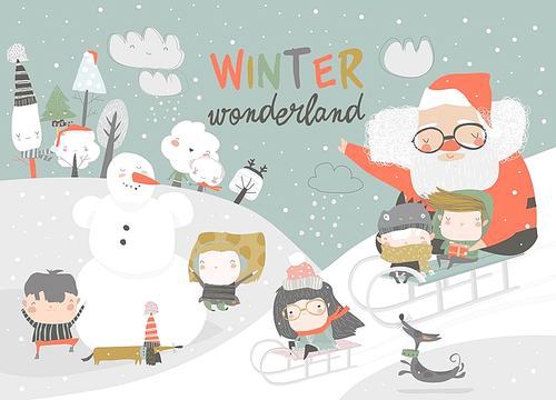 Happy cute kids playing winter games with Santa Claus. Hello winter. Vector greeting card