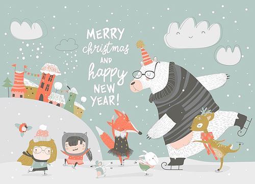 Cute children skating with bear, deer and fox. Vector illustration