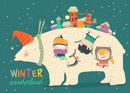 Cute kids celebrating Christmas with big polar bear. Vector illustration