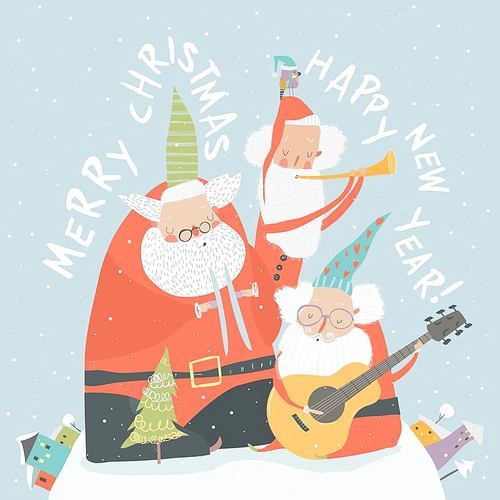 Funny Santa Clauses playing musical instruments. Vector greeting card