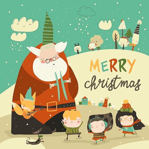 Funny Santa Claus celebrating Chistmas with cute kids. Vector illustration