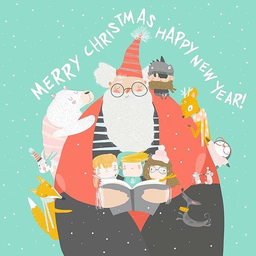 Santa Claus reading books with happy kids and animals. Vector illustration