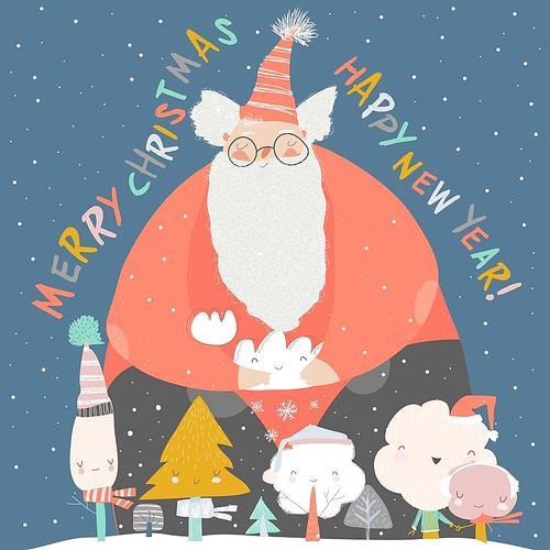 Funny Santa Claus with winter trees. Vector illustration