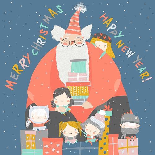 Cartoon Santa Claus with children and gifts. Vector greeting card