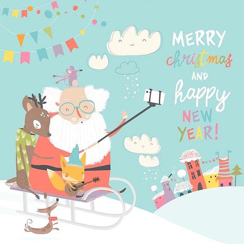 Santa take a selfie with reindeer and fox. Vector illustration