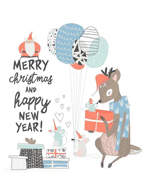 Vector Greeting Christmas card with cute deer and mouses