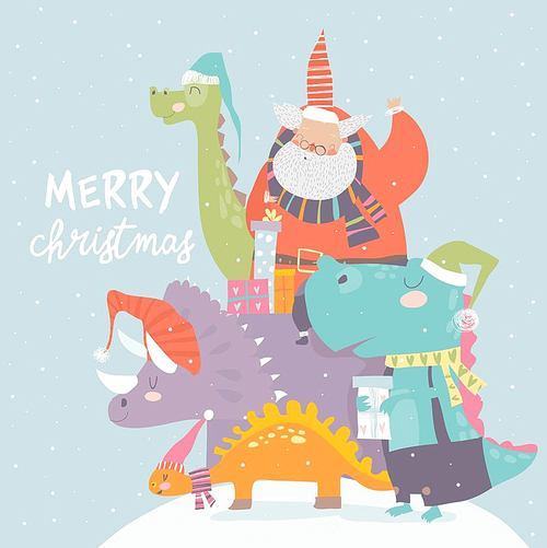 Cartoon Santa Claus with gifts sitting on dinosaur. Vector illustration