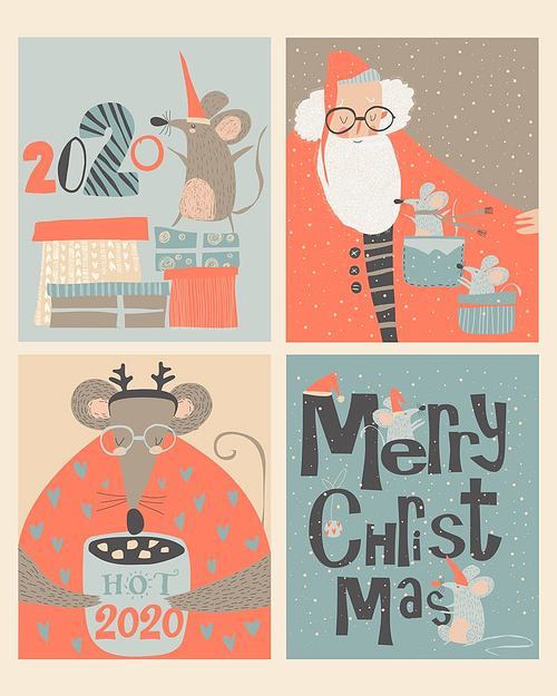 Vector set of Christmas cards with cute mouse and Santa Claus