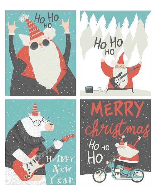 Vector set of Christmas card with rock n roll Santa Claus