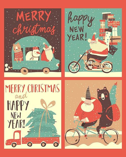 Vector Set of Christmas cards with Santa s transportation