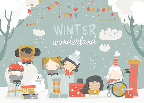 Cartoon different children enjoying winter. Hello snow. Vector illustration