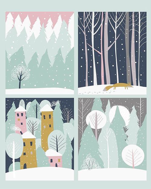 Set of winter lanscape in flat style. Vector illustration