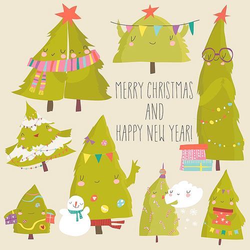 Set of cartoon Christmas trees. Vector illustration