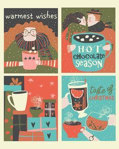 Vector set of cartoon christmas cards with winter beverages.