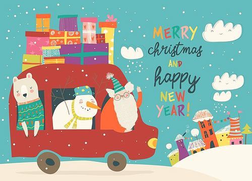 Santa Claus with bear and snowman riding in car. Vector Christmas card