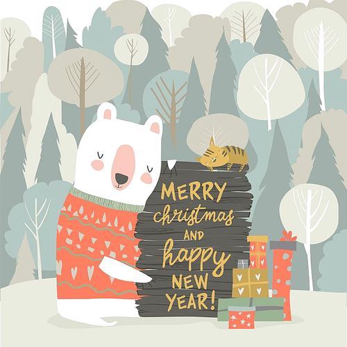 Cute cartoon bear celebrating Christmas. Vector illustration