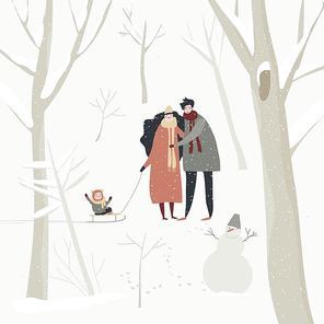 Cartoon happy family walking in winter forest. Vector illustration