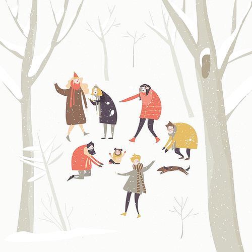 Group of happy people playing snowballs in the winter snowing forest. Vector illustration