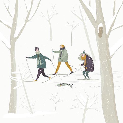 People skiing in the winter snowing forest. Vector illustration