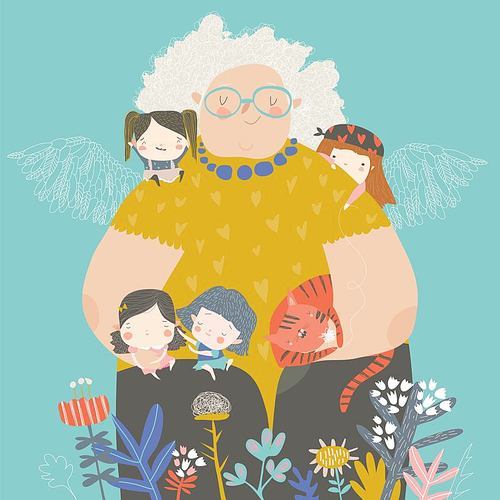 Cute cartoon grandmother hugging their grandchildren. Vector illustration