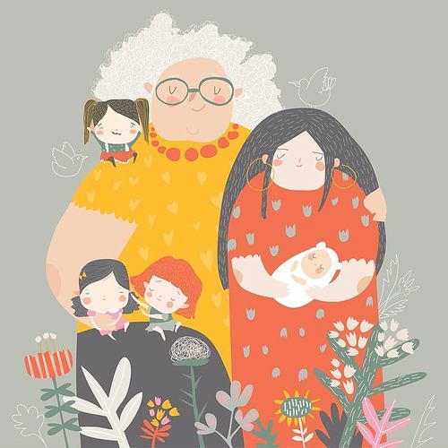 Illustration of three generations of women of different ages from child to young adult mother and senior grandmother
