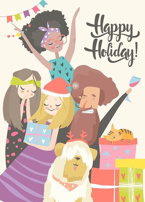 Happy people celebrate an important event. Joyful emotions. Vector illustration in cartoon style